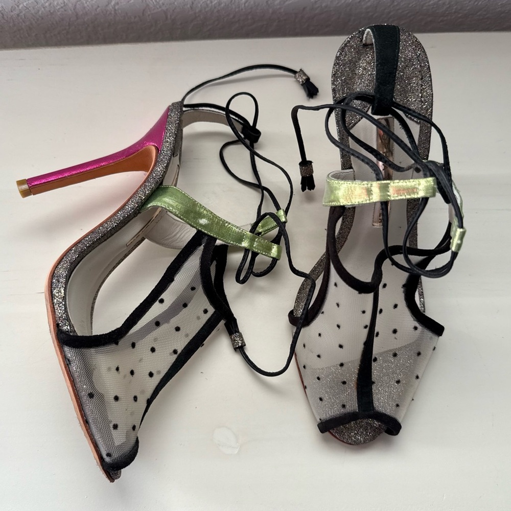Sophia Webster Mesh Polka Dot Tri Color Metallic Peep Toe Heels Sz: 8
